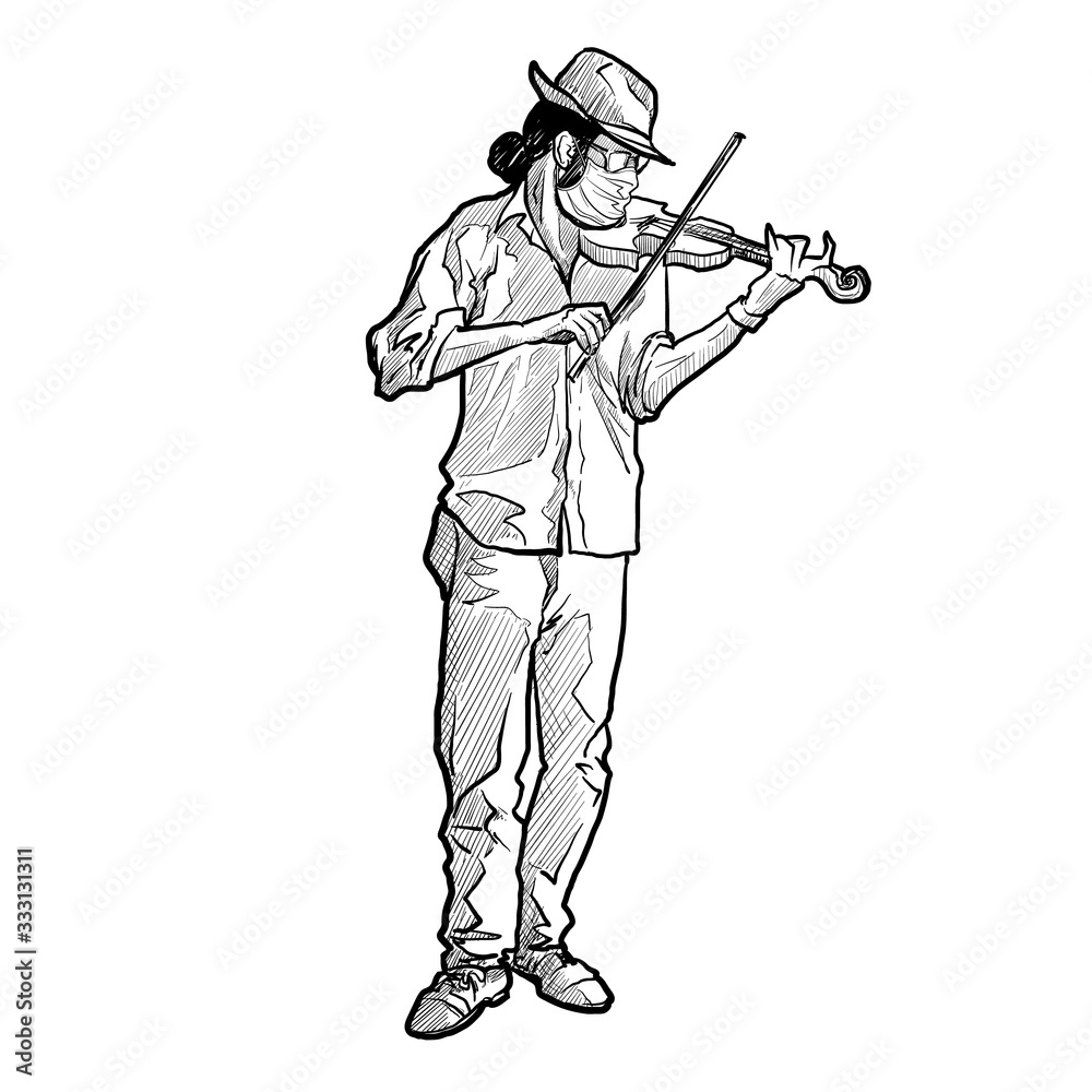 Young white man wearing a protection medical mask while playing violin. Full body front view. covid-19 pandemy. Linear sketch style drawing isolated on white background. EPS10 vector illustration.
