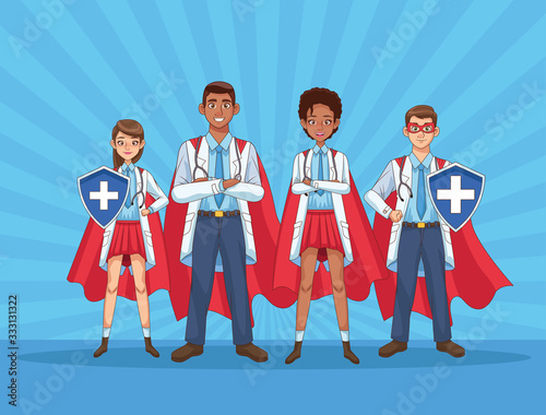super doctors staff with hero cloaks and shield vs covid19