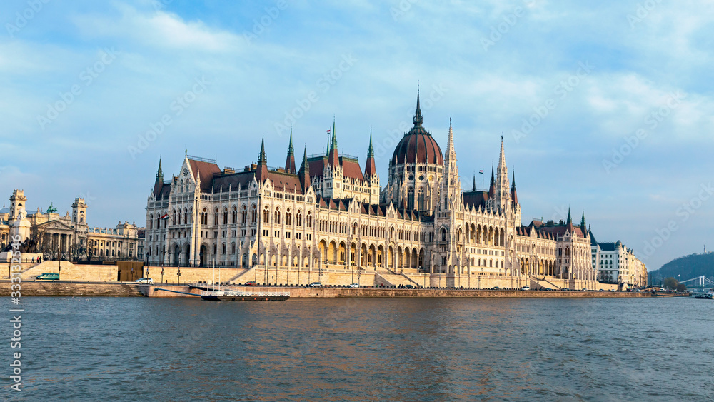 beautiful building of the Hungarian parliament against the background of the river and blue sky
