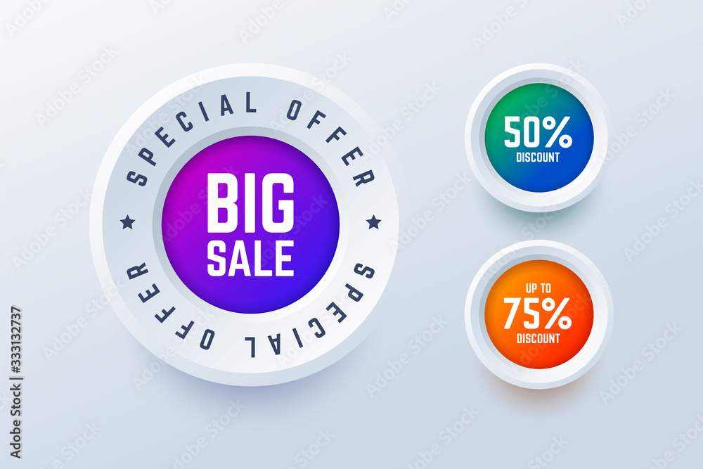 Special offer big sale round labels. 50 percent discount and up to 75 percent discount buttons. Vector illustration for shop sales and promotions in 3d style. Special offer big sale round labels. 50 percent discount and up to 75 percent discount buttons. Vector illustration for shop sales and promotions in 3d style.