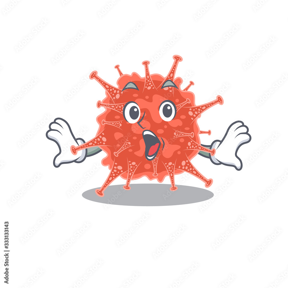 A cartoon character of orthocoronavirinae making a surprised gesture