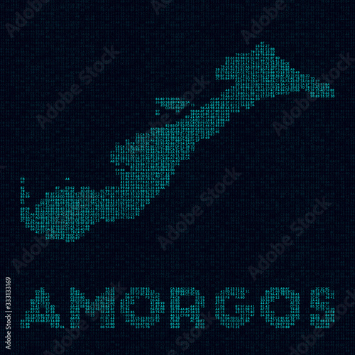 Amorgos tech map. Island symbol in digital style. Cyber map of Amorgos with island name. Captivating vector illustration.
