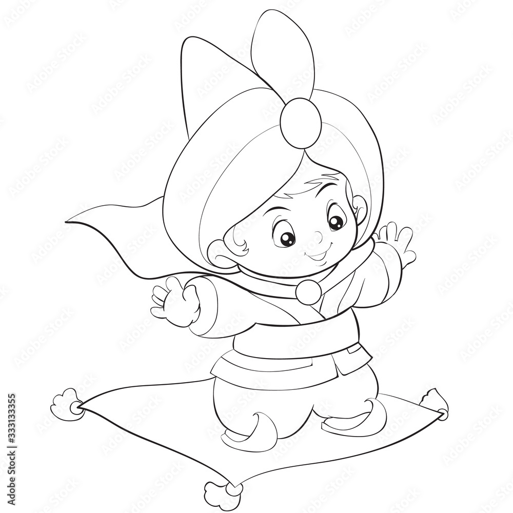 boy dressed in oriental clothes and a turban flies on a magic carpet, outline drawing, coloring, isolated object on a white background, vector illustration, eps