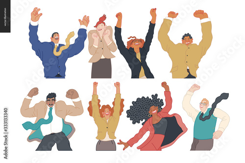 Happy business employees - group of men and women jumping in the air cheerfully. Modern flat vector concept illustration of a happy jumping office workers. Feeling and emotion concept.