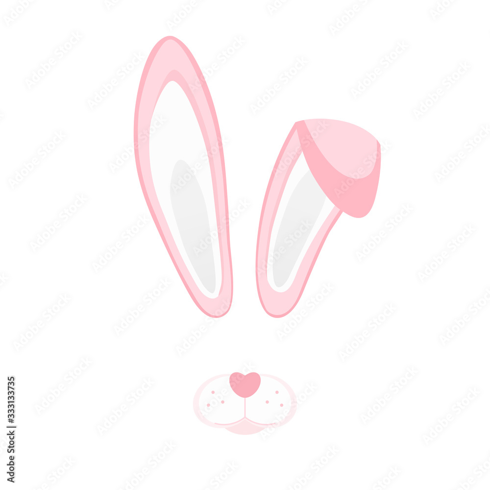 Easter bunny pink ears and nose isolated on white background. Cartoon cute rabbit Headband for poster, banner or invitation cards. Vector illustration Easter bunny pink ears and nose isolated on white background. Cartoon cute rabbit Headband for poster, banner or invitation cards. Vector illustration