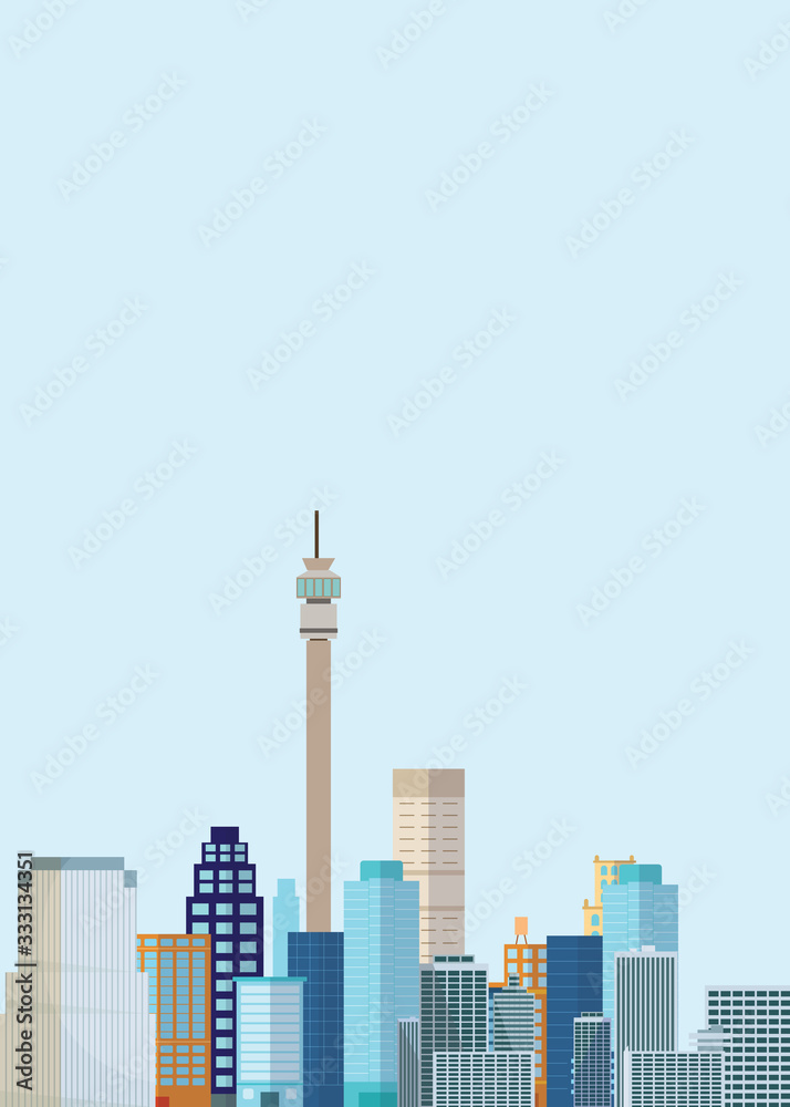 Naklejka premium Flat Illustration. Awesome city view on Capital Building Tower, Johannesburg. Enjoy the travel. Around the world. Quality vector poster. South Africa