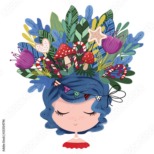 Cute girl portrait with flowers, romantic girl, kids artworks.