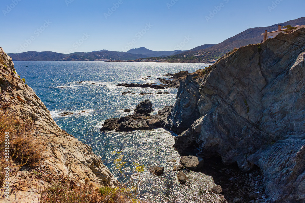 Cliffs of Carboneras beach on coastal path between Llansa to Port de la Selva, Costa Brava, Catalonia, Spain