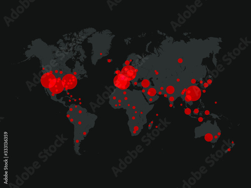 Covid-19, Covid 19 map confirmed cases report worldwide globally. Coronavirus disease 2019 situation update worldwide. Maps show where the coronavirus has spread, graphic on dark grey background.