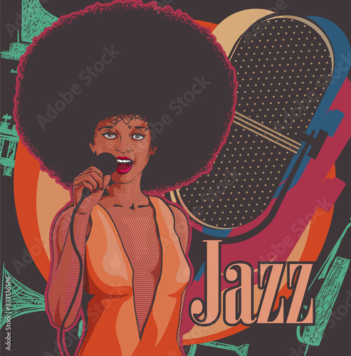 Woman afro hair style jazz dance and sing. Vintage color poster. Beautiful lady.