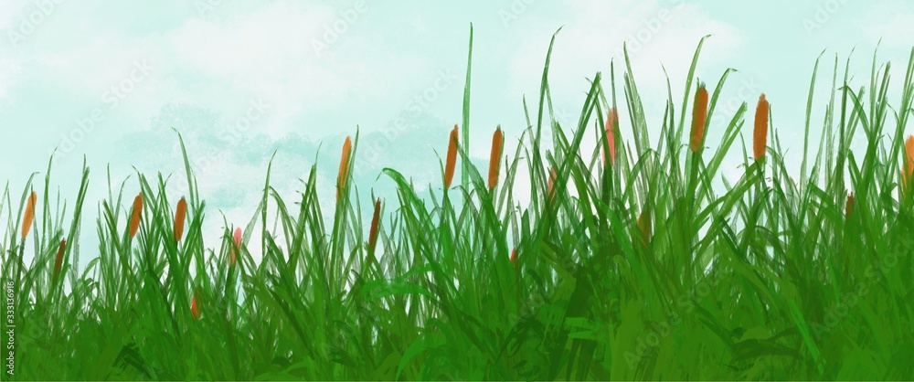 Obraz premium watercolor flowers grass landscape .Abstract green grass Spring nature field with flowers background illustration
