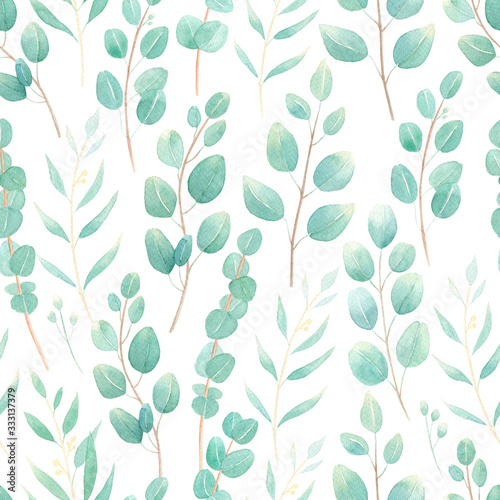 Eucalyptus leaves hand drawn seamless pattern on white background.  For wallpaper, wrapping papper, fabric, textile, wedding stationery. Green leaves, branches, foliage background. Botanical art.