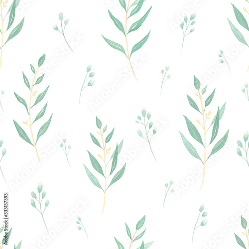 Botanical watercolor seamless pattern with floral elements. Eucalyptus hand painted watercolor background. Perfect for wrapping papper, wedding invitation, fabric, textile, wallpapper. Green leaves. 