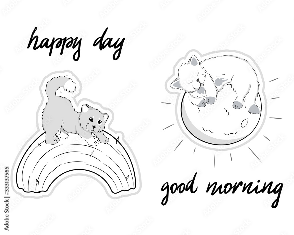 kawaii cartoon black and white cats, cute animals with sun and rainbow, editable vector illustration for decoration, poster, print, coloring book, stickers kawaii cartoon black and white cats, cute animals with sun and rainbow, editable vector illustration for decoration, poster, print, coloring book, stickers