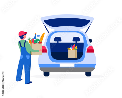 Food delivery service concept, online order tracking. Warehouse, truck and scooter courier, with a delivery man in a respirator mask. Vector illustration