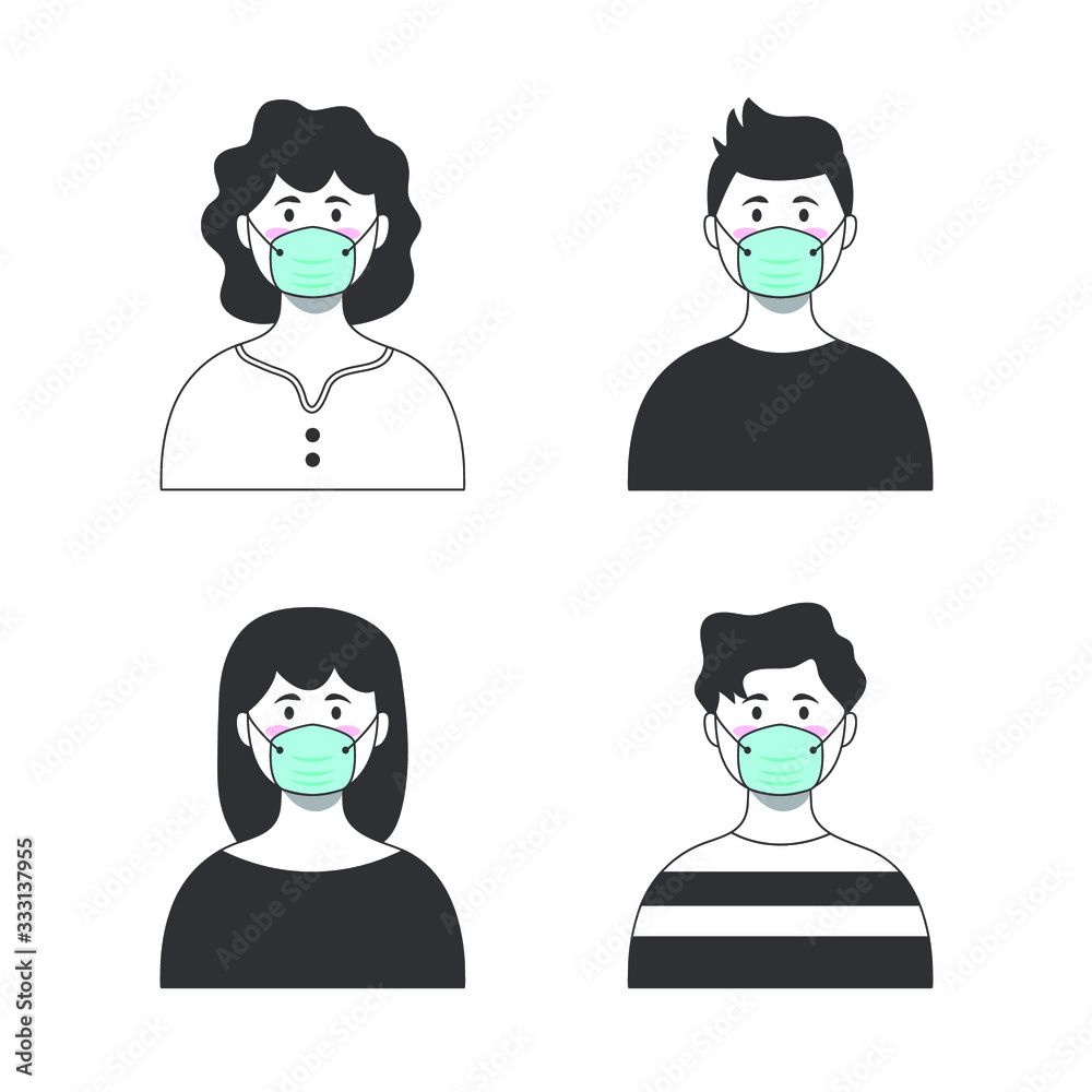 Set of people wearing medical mask avatar, virus Covid-19 protection, minimal style Set of people wearing medical mask avatar, virus Covid-19 protection, minimal style