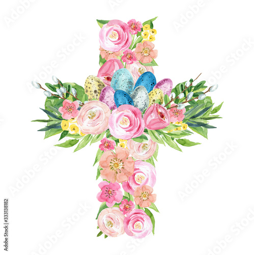Fototapeta Naklejka Na Ścianę i Meble -  Floral Easter Cross Watercolor. Delicate watercolor illustration, suitable for Easter, first communion, baptism invitations.