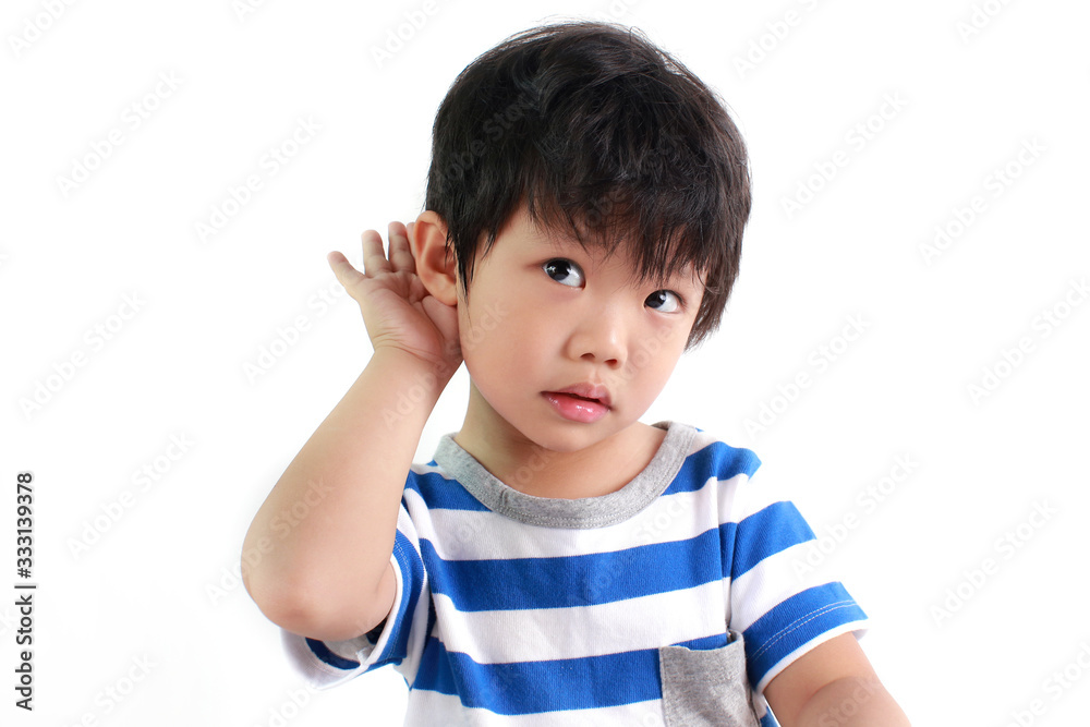 Portrait of little Asian boy with hand by ear against white background. Portrait of little Asian boy with hand by ear against white background.