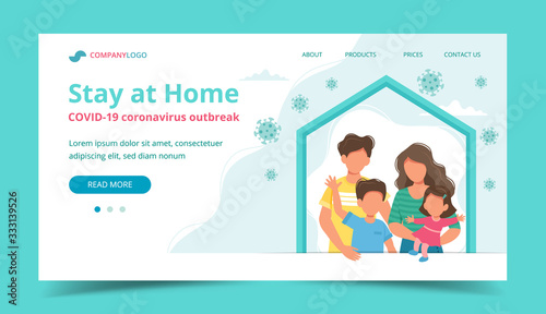 Family staying at home in self quarantine, landing page or banner template. Coronavirus outbreak concept. Vector illustration in flat style