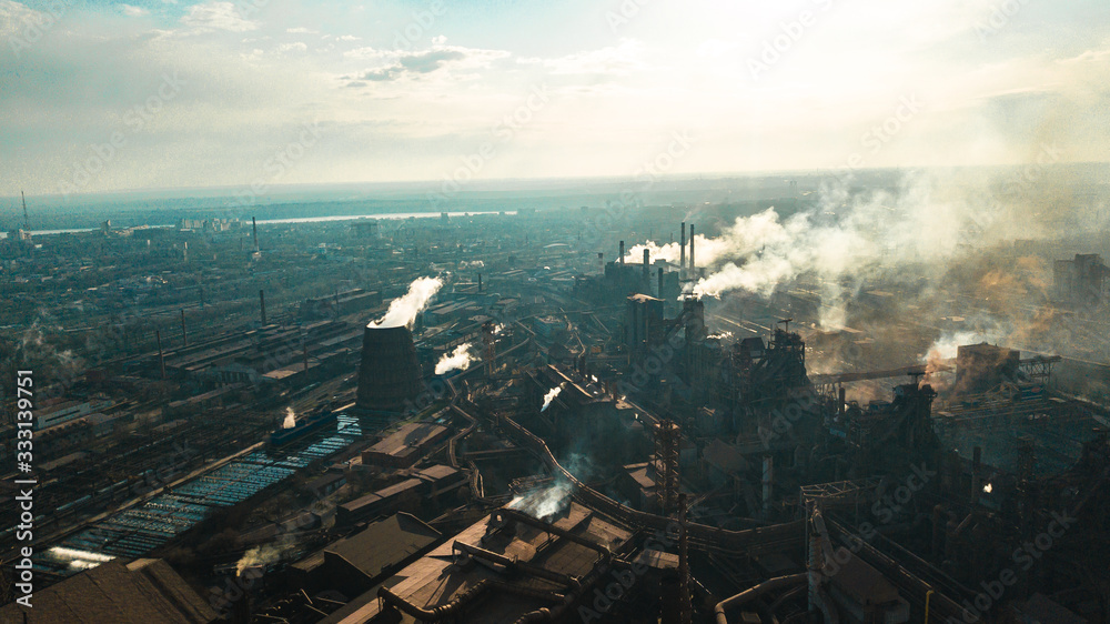 Obraz premium metallurgical production plant full cycle smoke from pipes bad ecology aerial photography