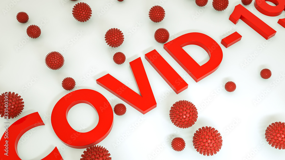 Covid-19 inscription with three-dimensional models of the virus. concept of pandemic corona virus. 3d render. illustration Covid-19 inscription with three-dimensional models of the virus. concept of pandemic corona virus. 3d render. illustration