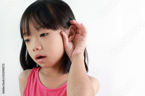 Portrait of little Asian boy with hand by ear against white background.