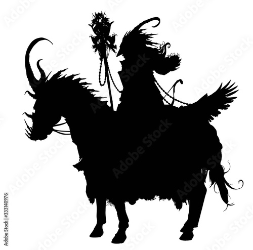 A silhouette of a shaman riding a horse in an unusual armor with horns, holding a staff with many trinkets. 2D illustration