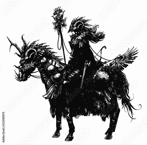 A woman shaman hung with many trinkets, riding a horse, in unusual armor, in her hand a staff with many details. 2D illustration