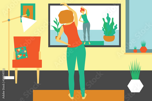 girl doing fitness at home in online classes. The girl meditates. Girl Watching fitness Classes Online On TV. On-line translation. Modern flat design concept of fitness. Bright vector illustration.