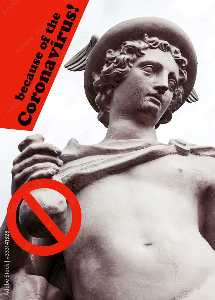 abstract view of god Hermes (Mercury), patron of business and commerce, with crossing a coins bag as a symbol of the global economic downturn and the crisis over the coronavirus pandemic