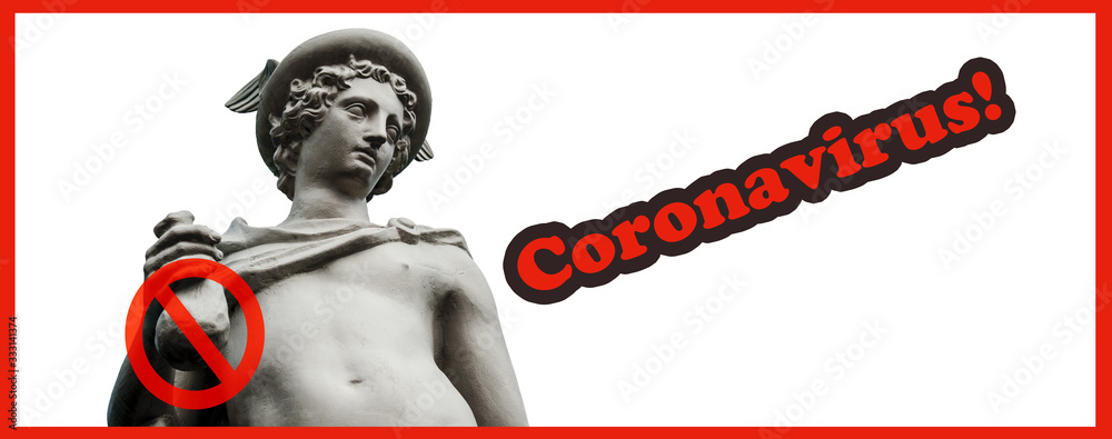 abstract view of ancient statue of god Hermes (Mercury) with crossing a coin bag as a symbol of the global economic downturn and the crisis over the coronavirus pandemic