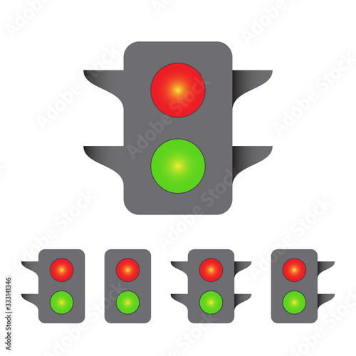 Traffic light icon set, semaphore with two lights, stop light and road navigation sign, color isolated on white background, vector illustration.
