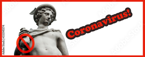Obraz na płótnie abstract view of ancient statue of god Hermes (Mercury) with crossing a coin bag as a symbol of the global economic downturn and the crisis over the coronavirus pandemic w salonie