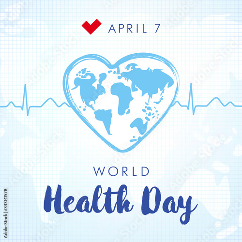 World health day 7 April lettering and heartbeat square banner. World map in heart brush stroke frame the normal cardiogram. Isolated abstract graphic design template. Creative medical blue background
