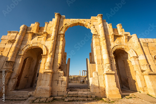 Arch of Hadrian in the ancient Roman in Jordanian city of Jerash, Jordan, Arab