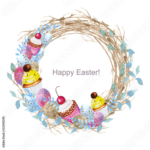 Easter wreath with easter eggs  and sweet cupcakes drawn in watercolor on a white background. Decorative frame from easter eggs and floral elements.