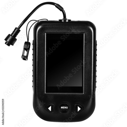 Fish finder with blank black display. Fishing sonar (echolot) for boat isolated on white photo