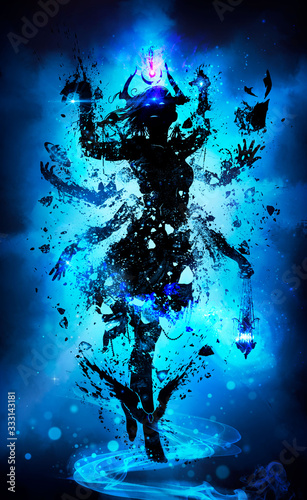 Photography Black silhouette of a deity girl, with many hands, with a smile on her face and glowing eyes, in her hands a censer, a planet, a book, she is hung with many trinkets