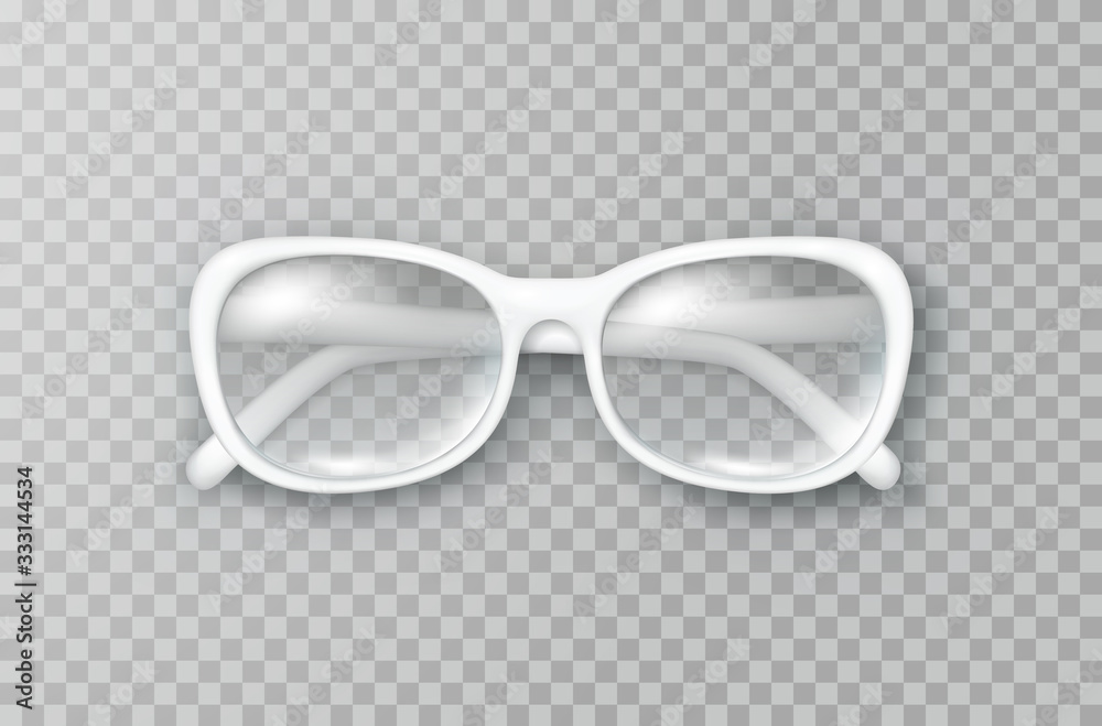 Glasses isolated on transparent background. White fashion woman eyeglasses with shade top view. Vector 3d optical eyewear product template.. - obrazy, fototapety, plakaty 