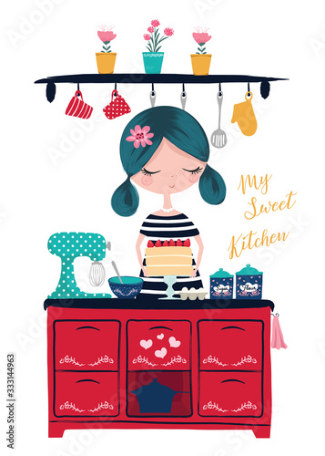 Lovely girl in the kitchen, kids fashion artworks, birthday cards.