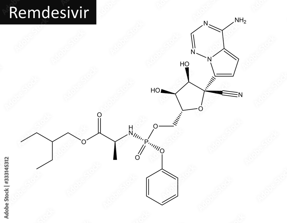 Molecular structure of Remdesivir, 3D rendering Molecular structure of Remdesivir, 3D rendering