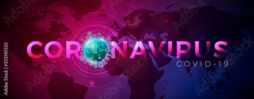 Covid-19. Coronavirus Outbreak Design with Virus Cell in Microscopic View on Abstract Blue World Map Background. Dangerous SARS Epidemic Vector Illustration for Promotional Banner or Flyer.