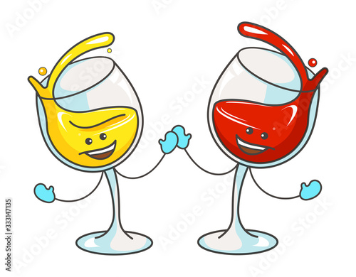 Glass with red and white wine. Vector flat cartoon color icon with emotions