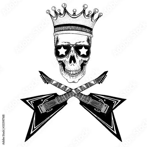 Vector skull in crown with guitars. Logo for shirt, musical poster