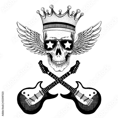 Vector skull with wings in crown with guitars. Logo for shirt, musical poster