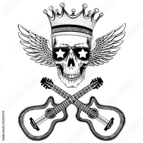 Vector skull with wings in crown with guitars. Logo for shirt, musical poster