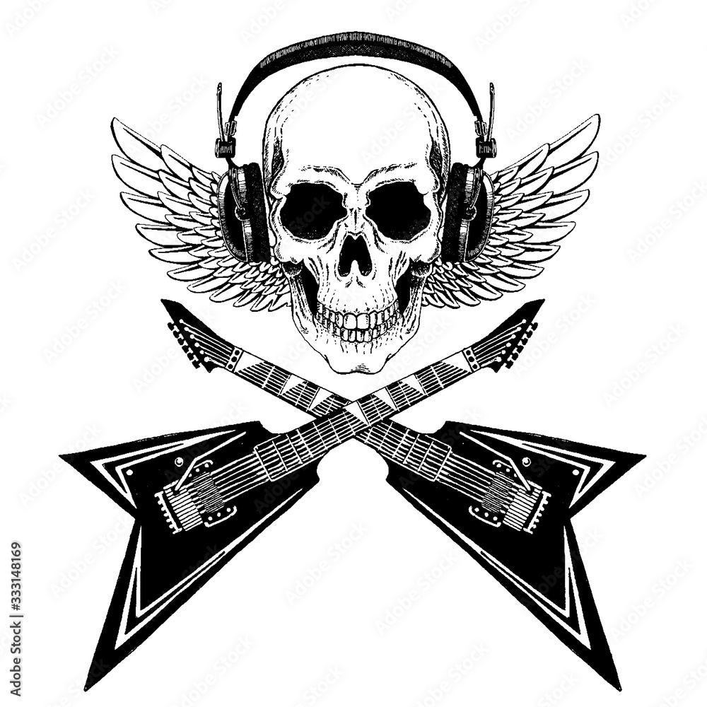 Vector skull. King of rock music. Heavy metal symbol with wings. Stock