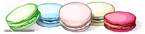 Set of macaroon. Almond cookies of different taste and colour isolated on white background. Vector illustration. Template for greeting card, postcard, print, fashion design, menu.