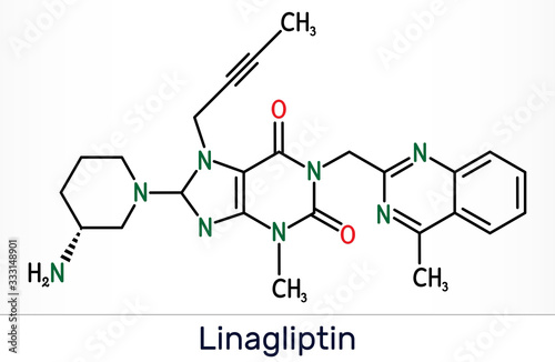 Linagliptin, C25H28N8O2 molecule. It is DPP-4 inhibitor, used for the treatment of type II diabetes. Skeletal chemical formula photo