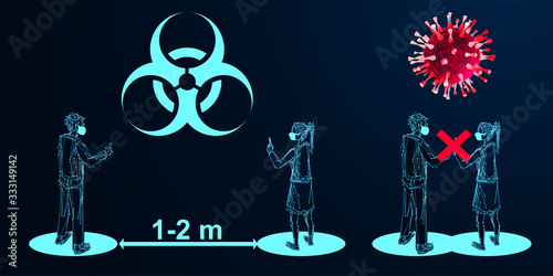 Coronavirus. Social distancing and minimize physical contact. Space between people to avoid spreading COVID-19 Virus. Keep the 1-2 meter distance. The medical concept. Low poly wireframe style. Vector